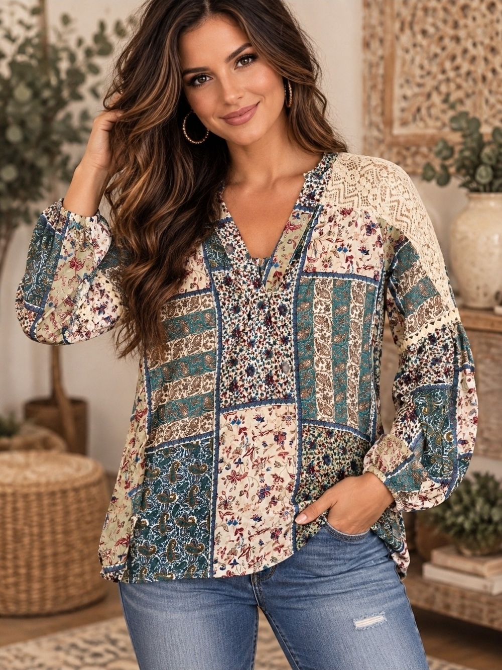 Cottagecore- Umgee Patchwork Floral V-Neck Tunic in Teal and Cream